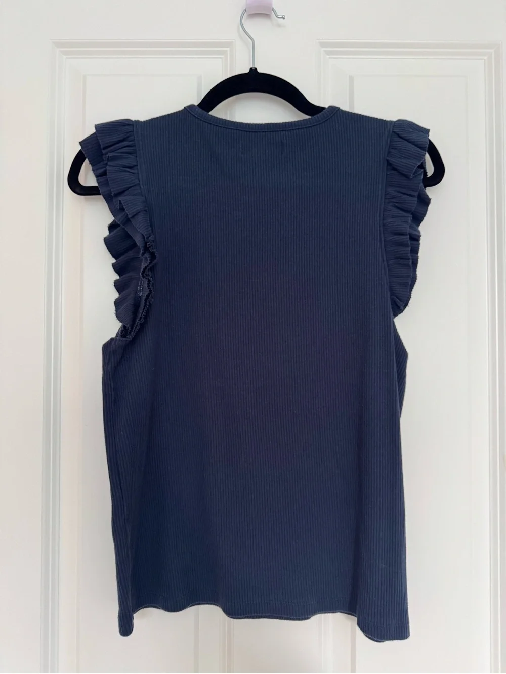J. Crew Navy Ribbed Vintage rib ruffle-sleeve shirt